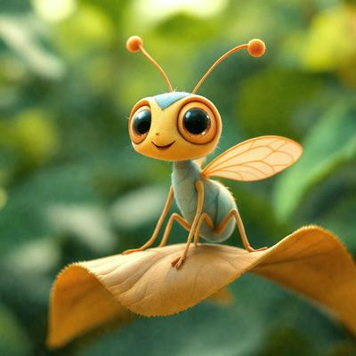 The primary subject of the image is a small, colorful insect, possibly a beetle or a dragonfly, sitting on a leaf. The insect appears to be smiling, giving it a friendly and cheerful appearance. The setting is a lush green forest, with trees and leaves surrounding the insect. The visual style of the image is a combination of photo and digital art, creating a vibrant and detailed scene. The colors and mood of the image are predominantly green and bright, reflecting the natural environment and